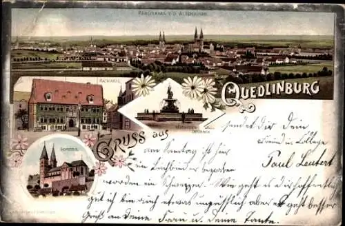 Litho Quedlinburg im Harz, Schloss, Rathaus, Mathildenbrunnen, Panorama von der Altenburg aus