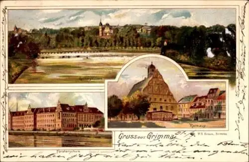 Litho Grimma in Sachsen, Gattersburgen, Rathaus, Fürstenschule