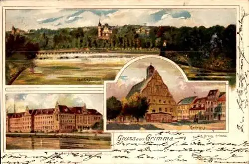 Litho Grimma in Sachsen, Gattersburgen, Rathaus, Fürstenschule