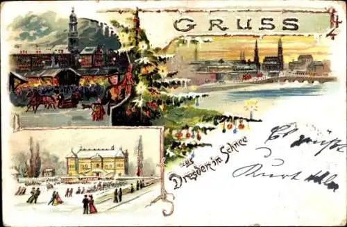 Litho Dresden Zentrum, Weihnachtsmarkt, Eislaufbahn, Weihnachtsbaum