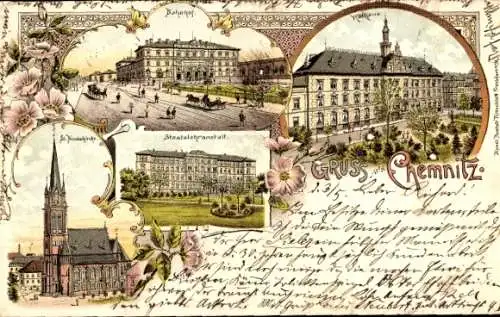 Litho Chemnitz Sachsen, Bahnhof, Rathaus, Staatslehranstalt, St. Nicolaikirche