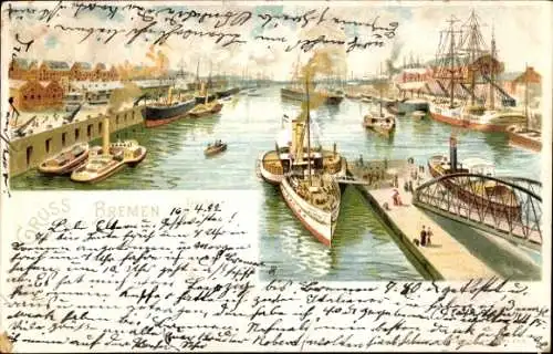 Litho Hansestadt Bremen, Hafen, Schiffe