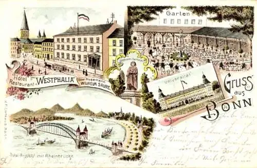 Litho Bonn am Rhein, Hotel Restaurant Westphalia, Universität, Garten, Totalansicht mit Rheinbrücke