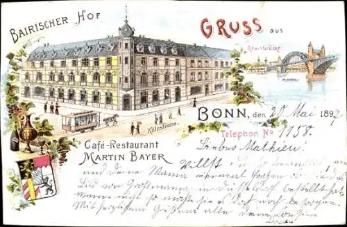 Litho Bonn am Rhein, Bairischer Hof, Cafe Restaurant Martin Bayer, Kölnstraße, Rheinbrücke