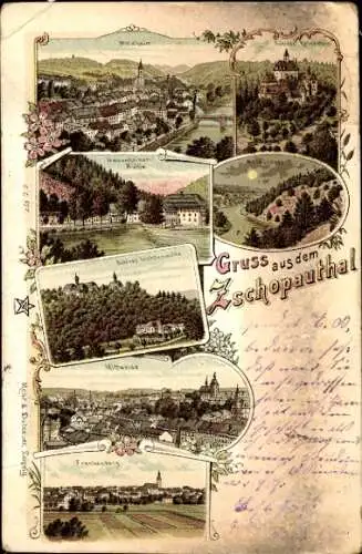 Litho Waldheim in Sachsen, Gesamtansicht, Zschopauthal, Mittweida, Frankenberg, Schloss Kriebstein