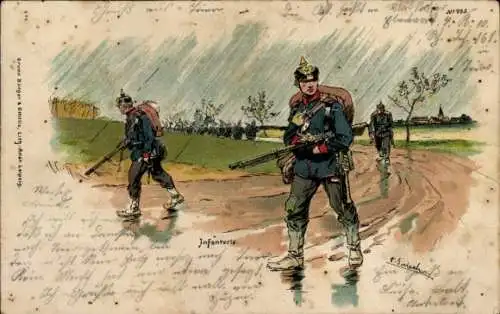 Künstler Litho Deutsche Infanteristen im Regen