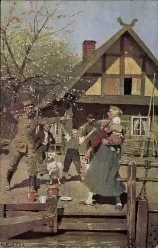 Künstler Ak Röchling, C., Heimatsurlaub, Soldat kehrt Heim zu seiner Familie, Rotes Kreuz