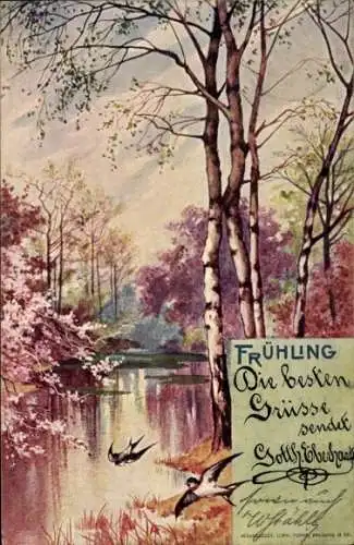 Litho Frühling, Allegorie, Jahreszeit, Schwalben, Wald, Fluss, Baumblüte