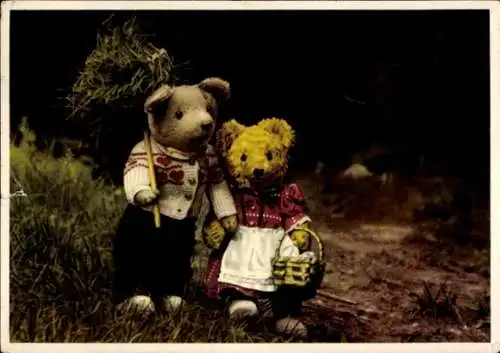 Ak Teddybären mit Heurechen und Korb, Teddys