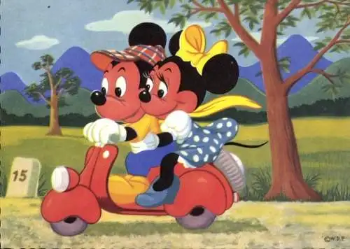 Künstler Ak Walt Disney, Micky Maus, Minnie Maus, Motorroller