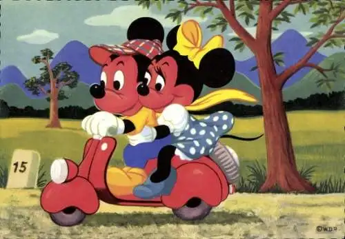 Künstler Ak Walt Disney, Micky Maus, Minnie Maus, Motorroller