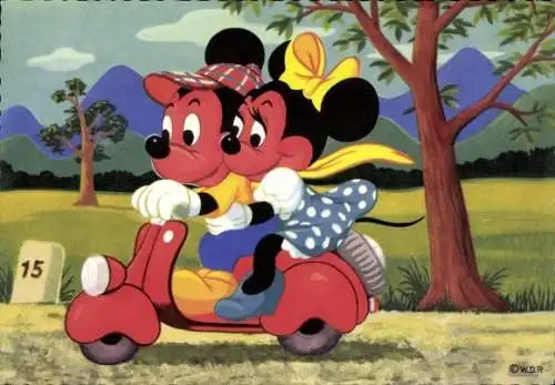 Künstler Ak Walt Disney, Micky Maus, Minnie Maus, Motorroller