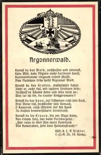 Ak Argonnerwald, Gedicht von P. Richter, L.I.R. 26, 10. Komp., I. WK