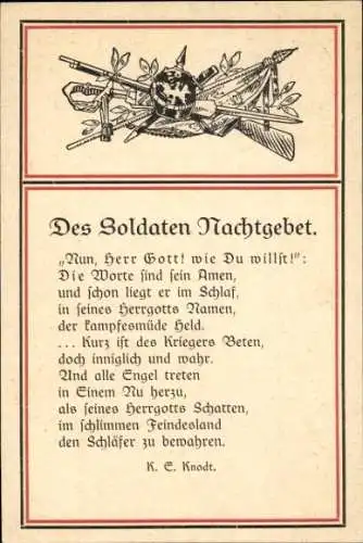 Ak Des Soldaten Nachtgebet, K. E. Knodt, 1. WK