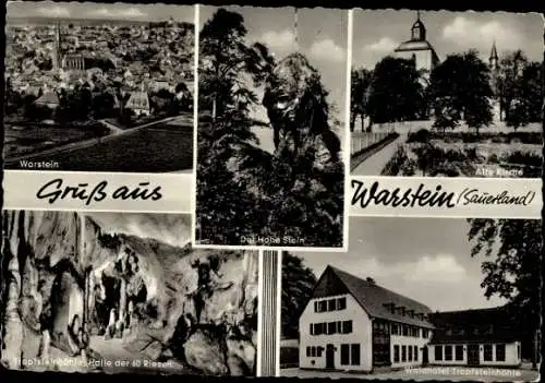 Ak Warstein im Sauerland Westfalen, Panorama, Waldhotel Tropfsteinhöhle, Alte Kirche, Der Hohe Stein