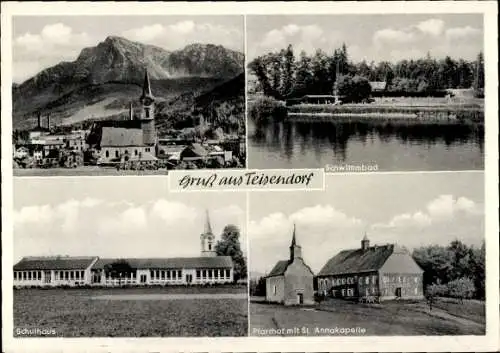 Ak Teisendorf in Oberbayern, Gesamtansicht, Kirche, Schwimmbad, Schule, Pfarrhof, St. Annakapelle