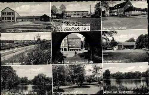 Ak Gladbeck im Ruhrgebiet Westfalen, Mädchen-Gymnasium, Berufsschule, Stadtbücherei, Autostraße