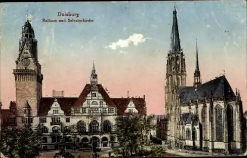 Ak Duisburg im Ruhrgebiet, Blick auf das Rathaus und die Salvatorkirche