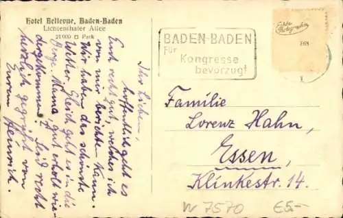 Ak Baden Baden am Schwarzwald, Hotel Bellevue, Lichtenthaler Allee