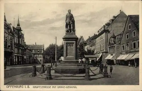 Ak Offenburg in Baden Schwarzwald, Hauptstraße, Drake-Denkmal