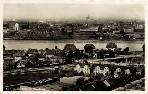 Ak Kehl am Rhein, Blick über den Ort nach Straßburg