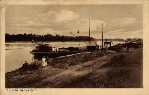 Ak Greffern Rheinmünster am Rhein, Hafen, Personen, Schiff