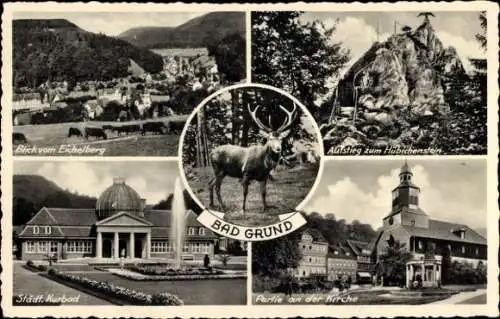 Ak Bad Grund im Harz, Blick vom Eichelberg, Aufstieg Hübichenstein, Hirsch, Kurbad, Kirche