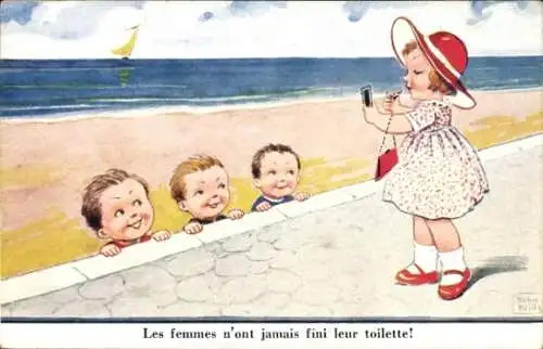 Künstler Ak Wills, John, Mädchen auf der Strandpromenade trägt Lippenstift auf, Jungen