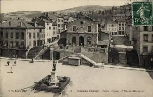 Ak Tarare Rhône, Place Denave, Simonnet-Statue