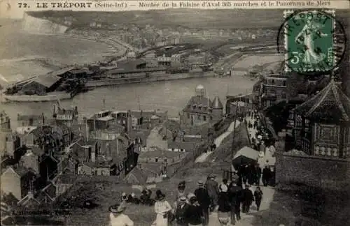 Ak Le Tréport Seine Maritime, Montee de la Falaise d'Aval 365 marches, Panorama de Mers