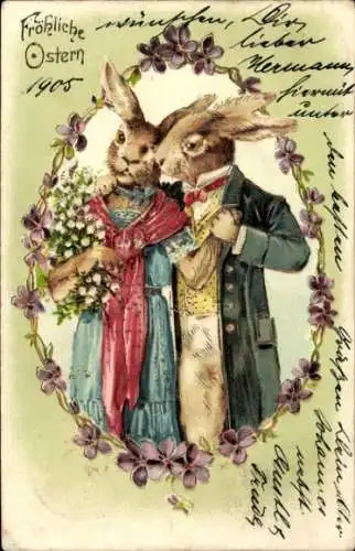 Litho Glückwunsch Ostern, Gekleidete Osterhasen, Ehepaar, Veilchen