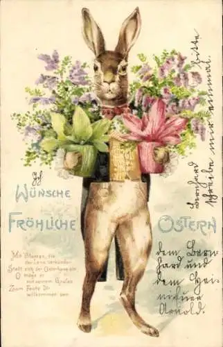 Präge Litho Glückwunsch Ostern, Gekleideter Osterhase, Blumen