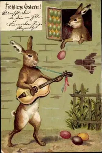 Präge Litho Glückwunsch Ostern, Musizierender Osterhase, Ostereier, Gitarre