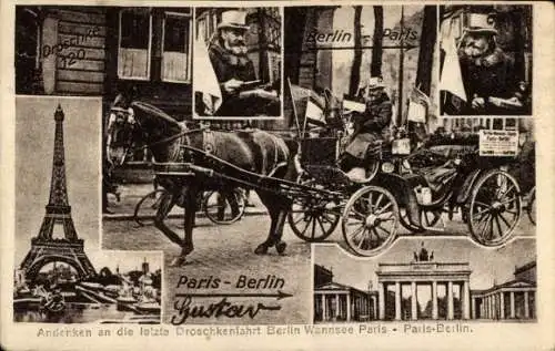 Ak Berlin Mitte, Brandenburger Tor, Eiffelturm in Paris, letzte Droschkenfahrt, Gustav Hartmann