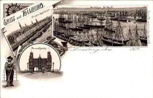 Litho Hamburg St. Pauli, Hafen, Freihafen Lagerhäuser, neue Elbbrücke