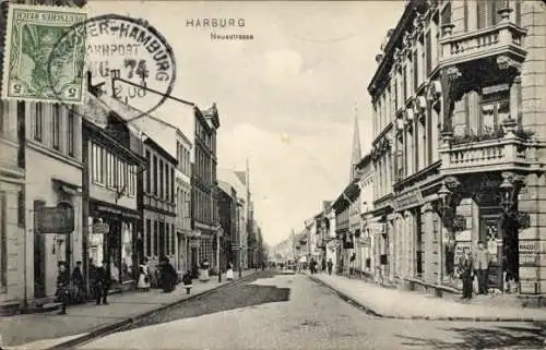 Ak Hamburg Harburg, Blick in die Neuestraße, Geschäfte, Kirchturm