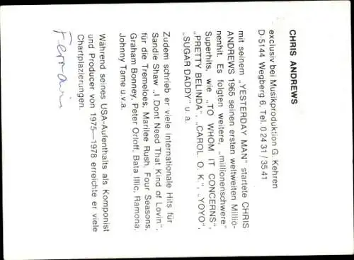 Ak Sänger Chris Andrews, Portrait, Autogramm