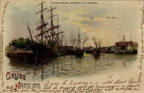 Halt gegen das Licht Litho Hamburg Harburg, Hafen, Segelschiffe, Meteor 827