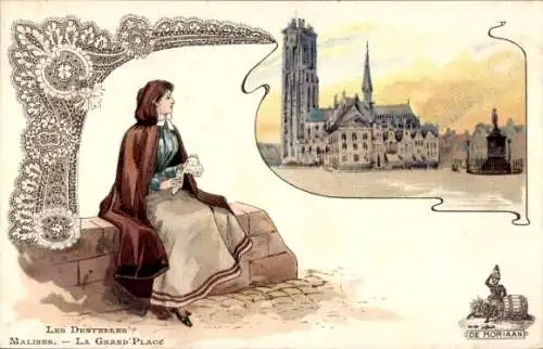 Litho Mechelen Mecheln Malines Flandern Antwerpen, Marktplatz, Kirche, Frau auf der Mauer, Werbung