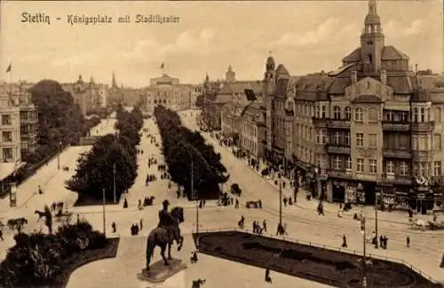 Ak Szczecin Stettin Pommern, Königsplatz, Stadttheater, Reiterstandbild