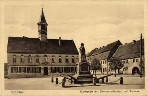 Ak Schildau in Sachsen, Marktplatz, Gneisenaudenkmal, Rathaus