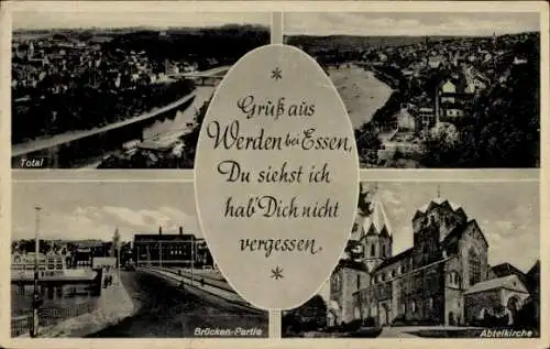 Ak Werden Essen im Ruhrgebiet, Abteikirche, Brückenpartie, Totale