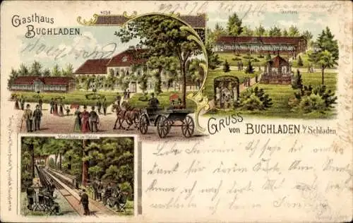 Litho Boklah Schladen Werla im Harz, Gasthaus Buchladen, Kegelbahn im Walde, Garten