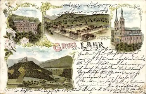 Litho Lahr im Schwarzwald Baden, Reichswaisenhaus, Kaserne, Kath. Kirche, Hohengeroldseck