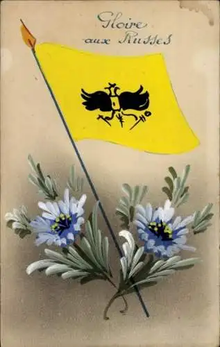 Ak Gloire aux Russes, Flagge, Blumen