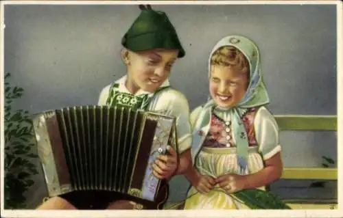 Künstler Ak Kinder, Bayerische Trachten, Ziehharmonika