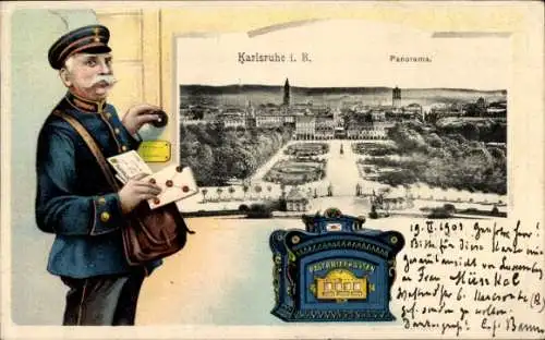 Ak Karlsruhe in Baden, Panorama, Briefträger, Briefkasten