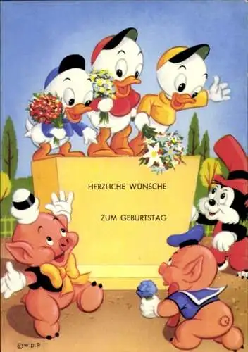 Ak Disney, Tick, Trick und Track, Schweinchen, Blumensträuße, Glückwunsch zum Geburtstag