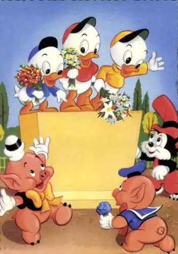 Ak Disney, Tick, Trick und Track, Schweinchen, Blumensträuße