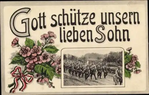 Passepartout Ak Deutsche Soldaten, Gott schütze unseren lieben Sohn, Blumen, 1. WK